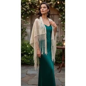 Adrienne Vittadini Open Front Cover Up Crochet Fringe Shawl Collar Poncho Cream